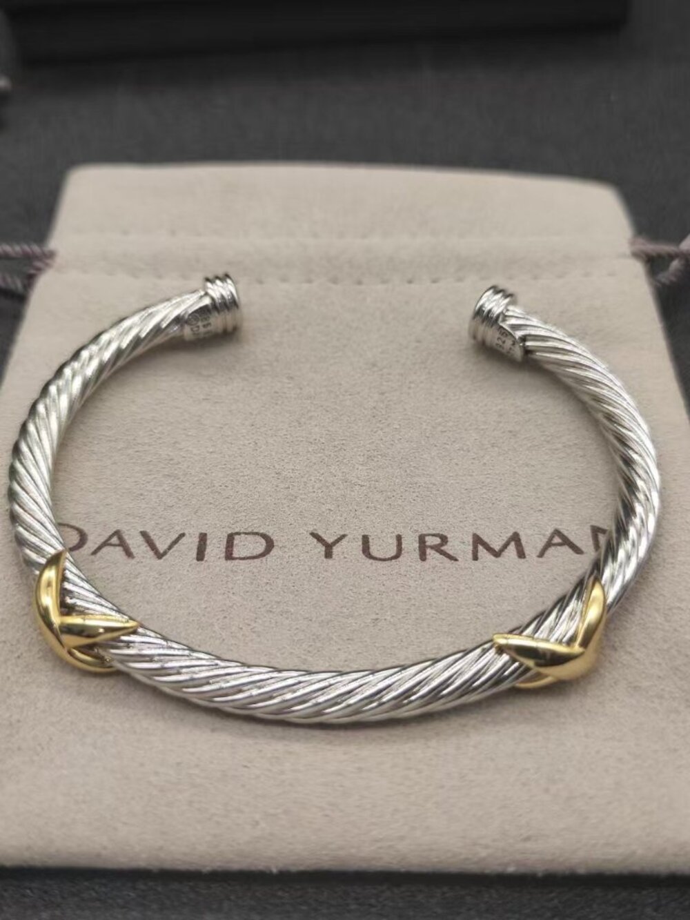 David Yurman Double X Two Tone Twisted Cable Open Cuff Bracelet